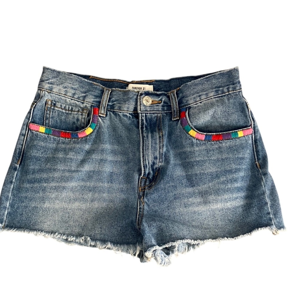 Forever 21 Rainbow Embroidered Rainbow High Waisted Denim Shorts Cut Off Sz 27